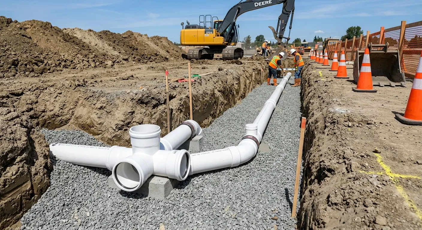 New PVC sewer pipe installation in open trench for Grease Trap Cleaning in Westport
